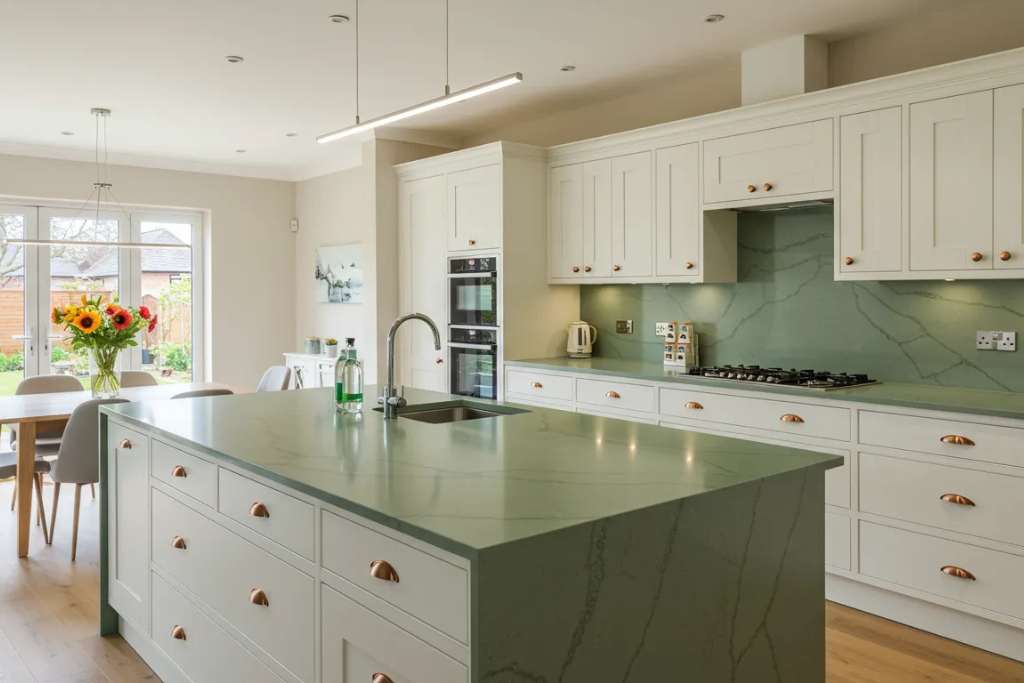 Green Granite with White Cabinets