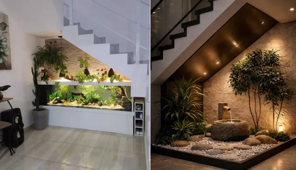 Aquarium or plant wall under stairs