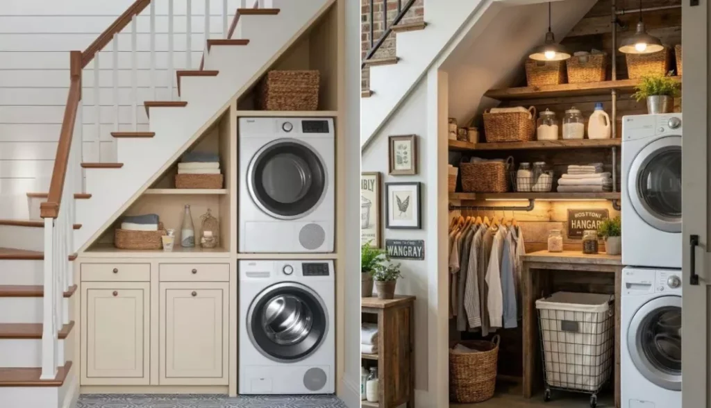 Laundry closet beneath the staircase