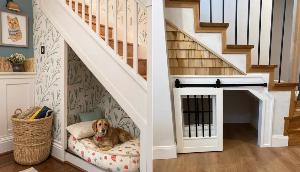 Pet nook or dog den below the staircase