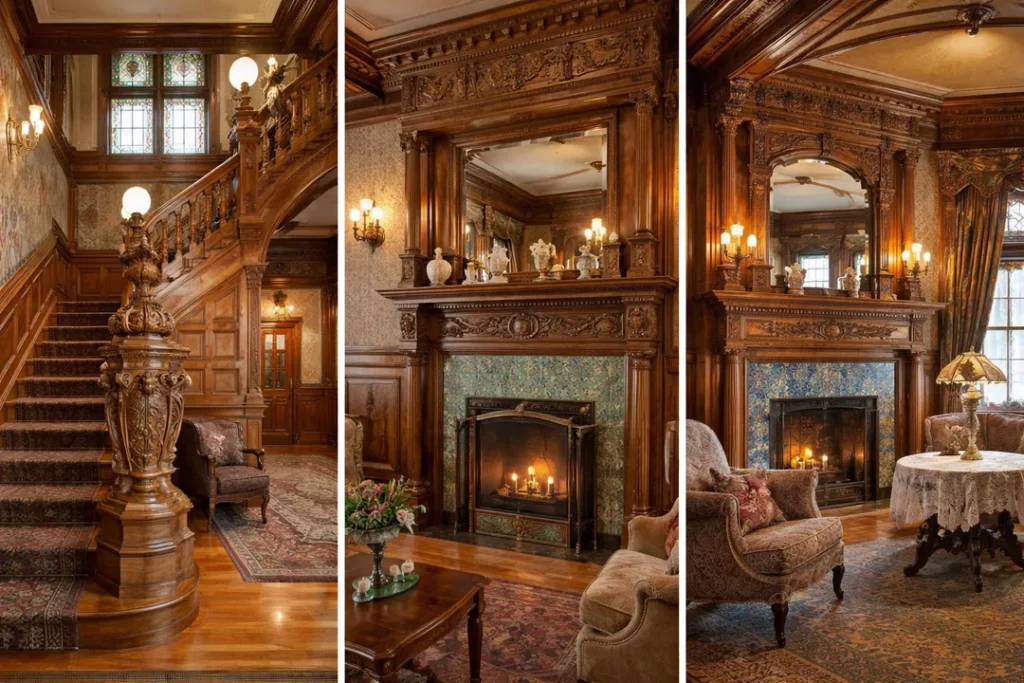 Grand Queen Anne entry hall with carved hardwood staircase and ornate newel posts