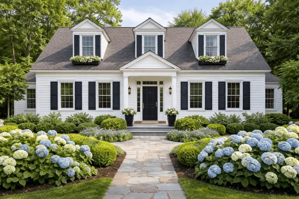 White clapboard siding and dark shutters 