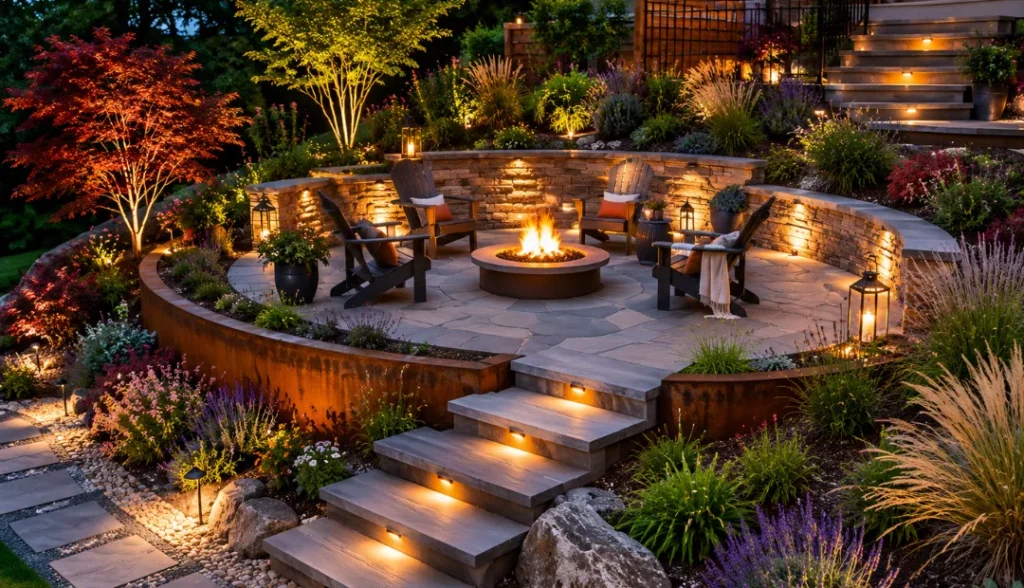 Fire Pit or Patio on a Leveled Terrace in backyard landscape