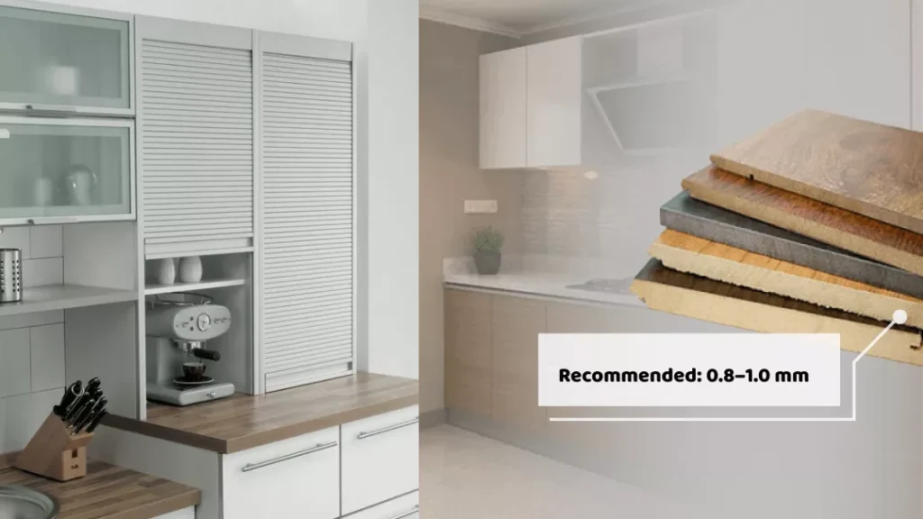 Kitchen cabinet shutters with 0.8–1.0 mm laminate for better wear resistance.