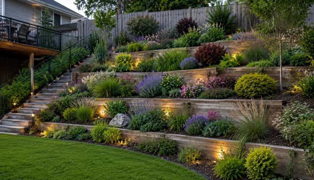 Tiered Garden Beds in backyard landscape