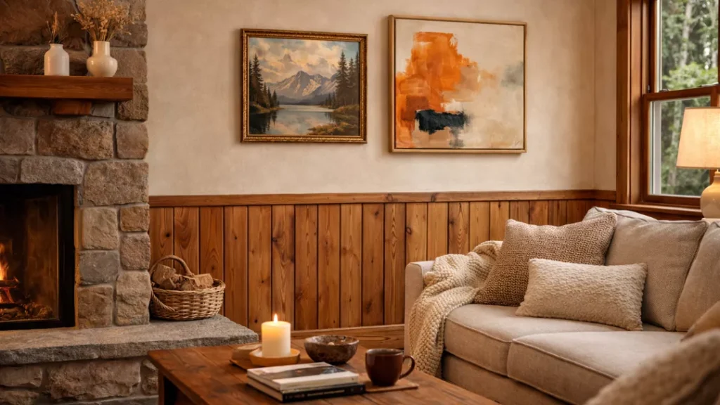 Use of Vintage and Modern Art Mix in Cabin Interior Design