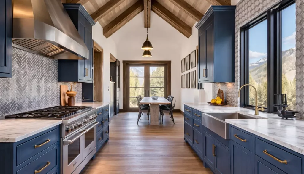 Farmhouse Approach with a Rustic Blue Island