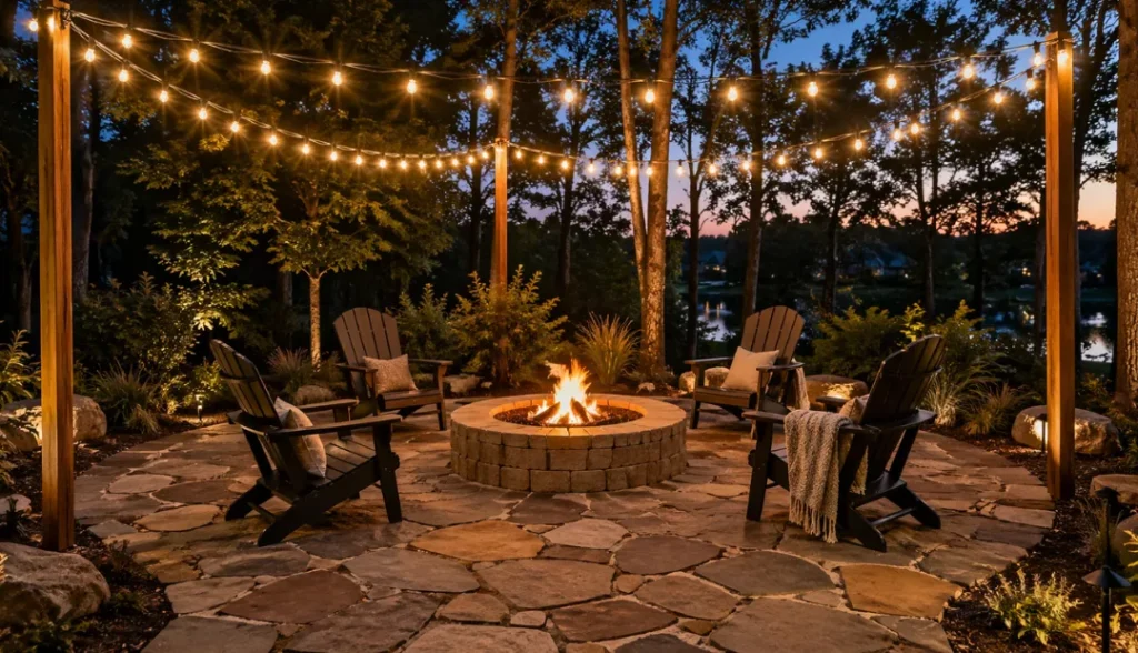 Flagstone Ground Cover With Block Pit + String Lights