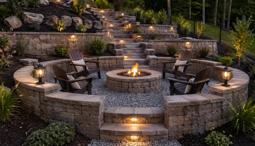 Hillside Terraced Fire Pit Area Using Retaining Blocks