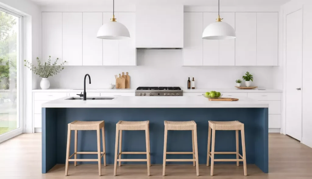 Minimal White Kitchen with a Matte Blue Island