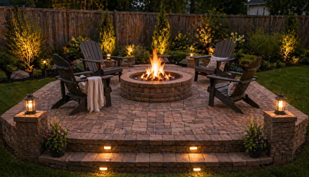 Raised Brick Patio with Fire Pit Design
