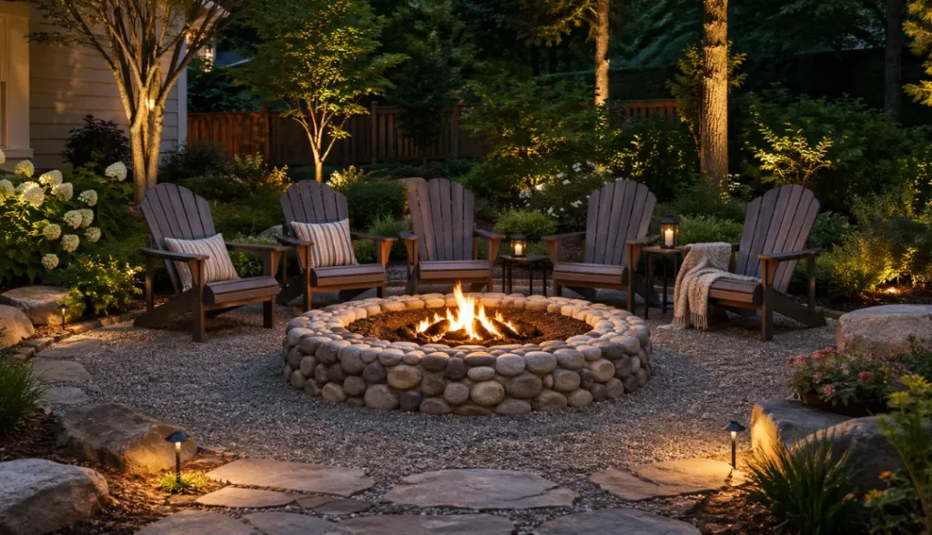 River Stone Ring + Adirondack Chair Semicircle