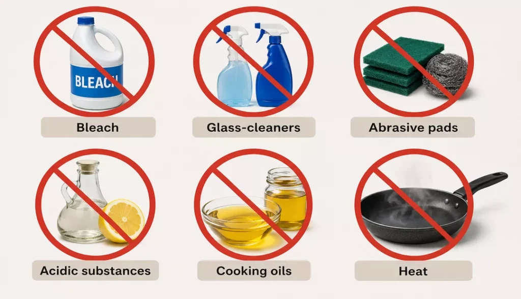 cleaning products causing damage to quartz surface