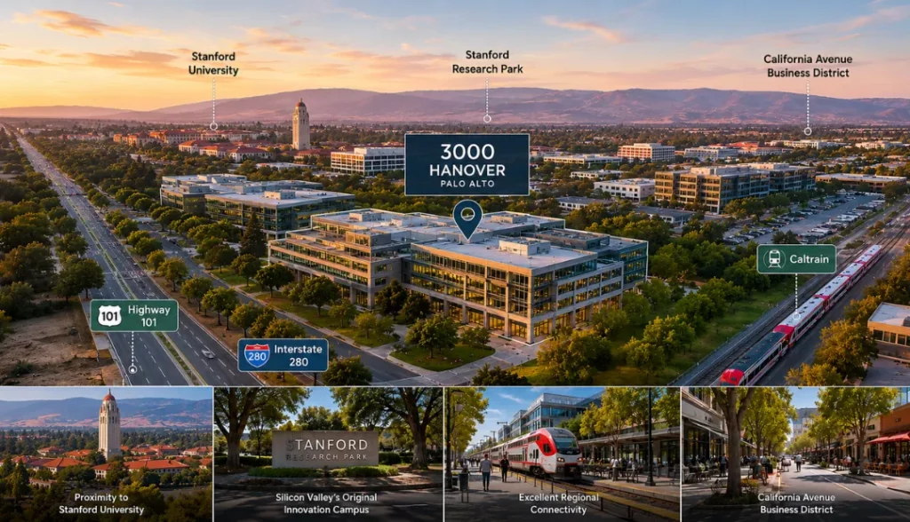 3000 Hanover campus aerial view within Stanford Research Park, Palo Alto.