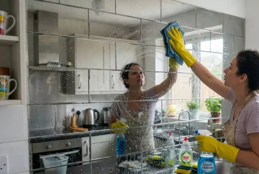 women cleaning kitchen mirror splashback