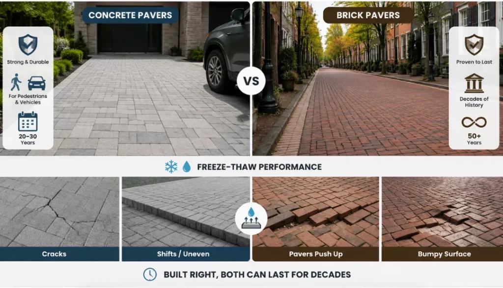 Durability and lifespan of concrete paver vs brick paver