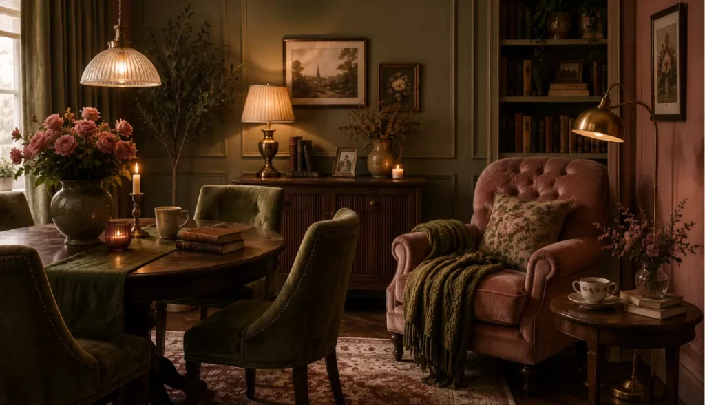 Dusty rose paired with olive green in interior