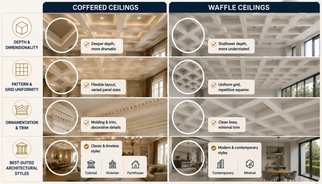 Key Differences between coffered and waffle ceiling
