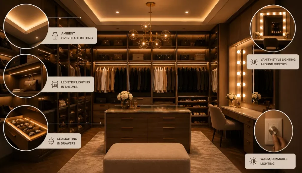 Lighting Features in Luxury Walk In Closet