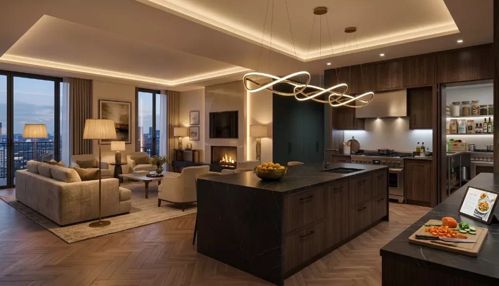 Open kitchen with pendant lighting