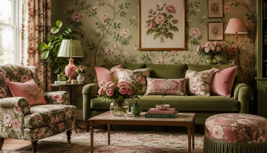 Pink and green floral patterns in interior