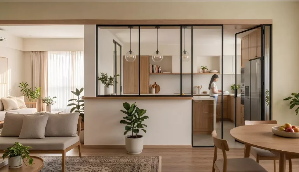 Sliding or Glass Partition for a Semi-Open Kitchen