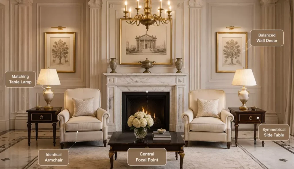 Neoclassical symmetrical living room