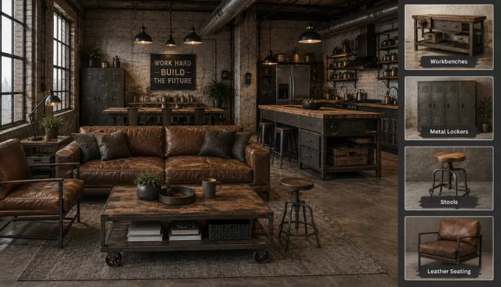 Vintage and Utilitarian Industrial Furniture Interior