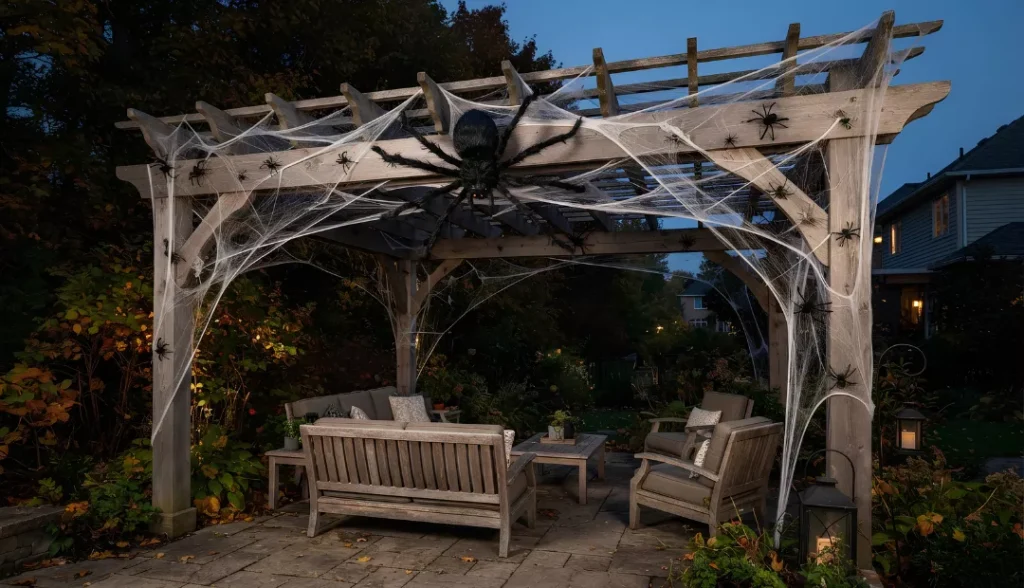 Add a Giant Spider and Web Display at Pergola for Halloween Decor