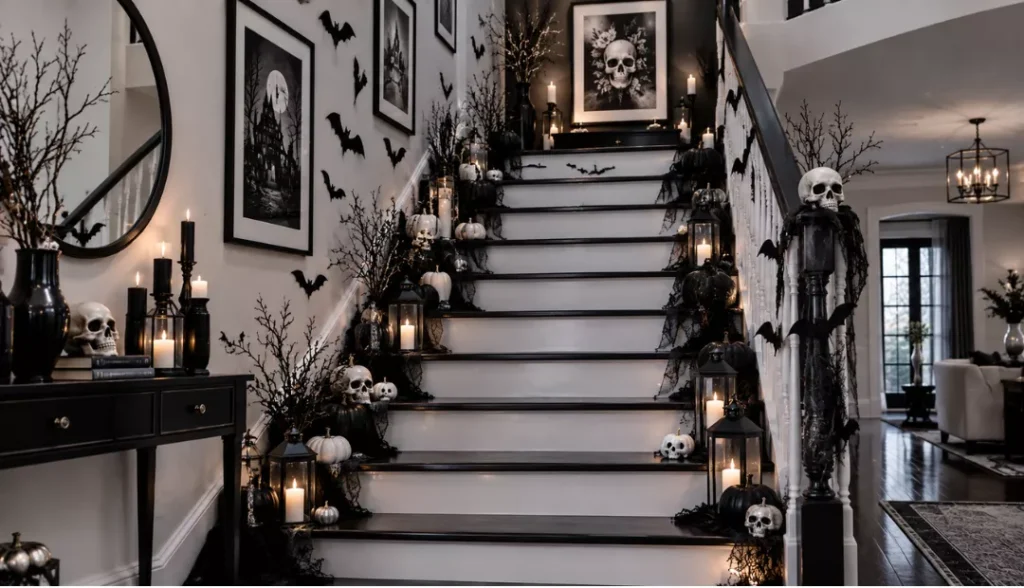 Black-and-white Halloween staircase decor