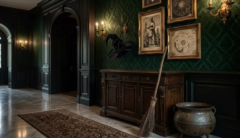 witch-themed artworks at entryway