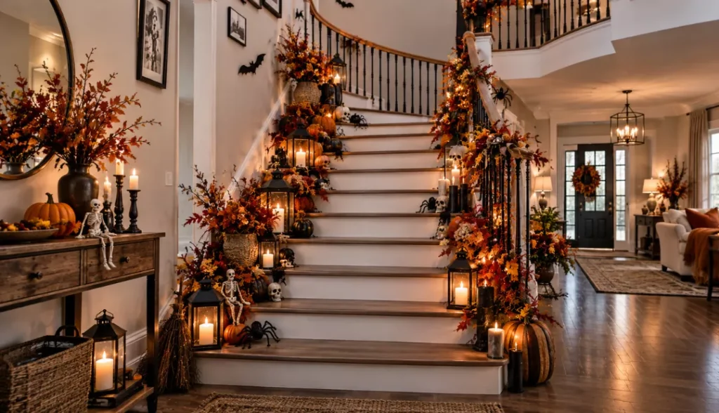 Halloween and fall staircase decor