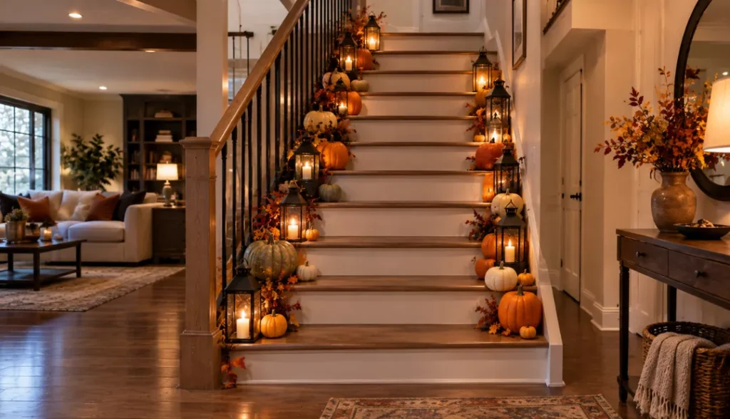Halloween pumpkins and lanterns on stairs