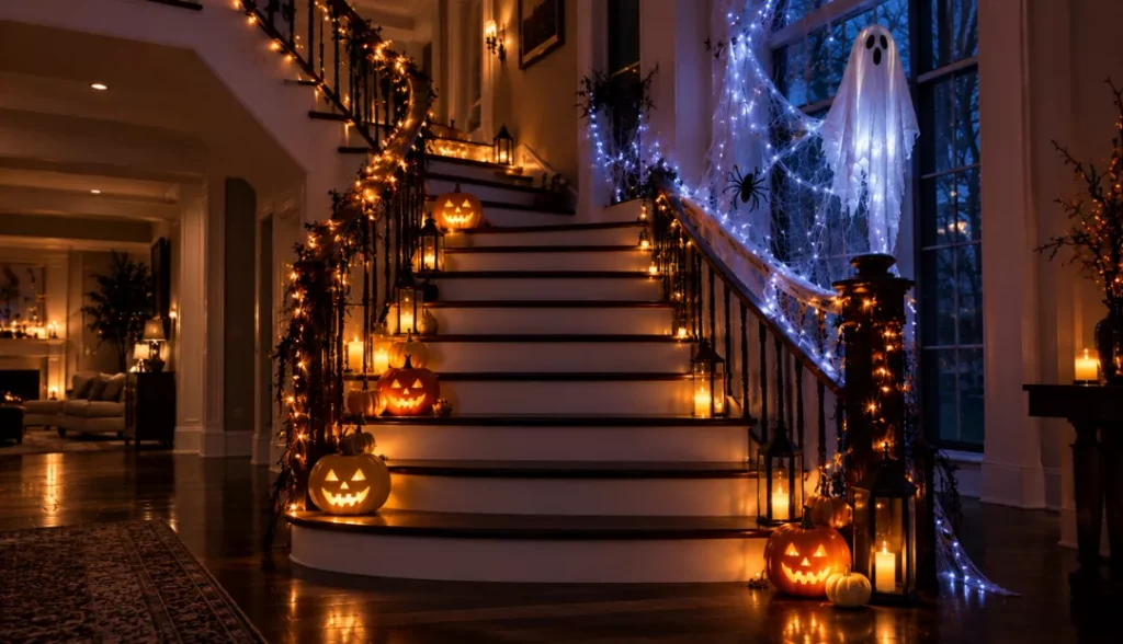 Moody lighting to decorate stairs for Halloween