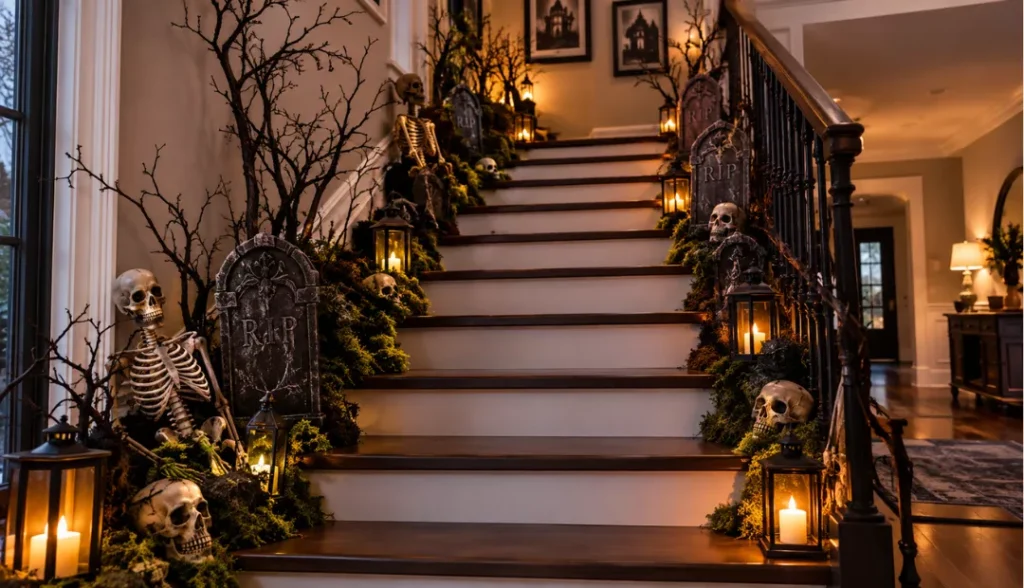 Mini Halloween graveyard beside stairs