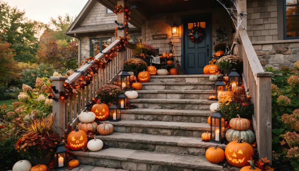 Outdoor staircase with Halloween decorations