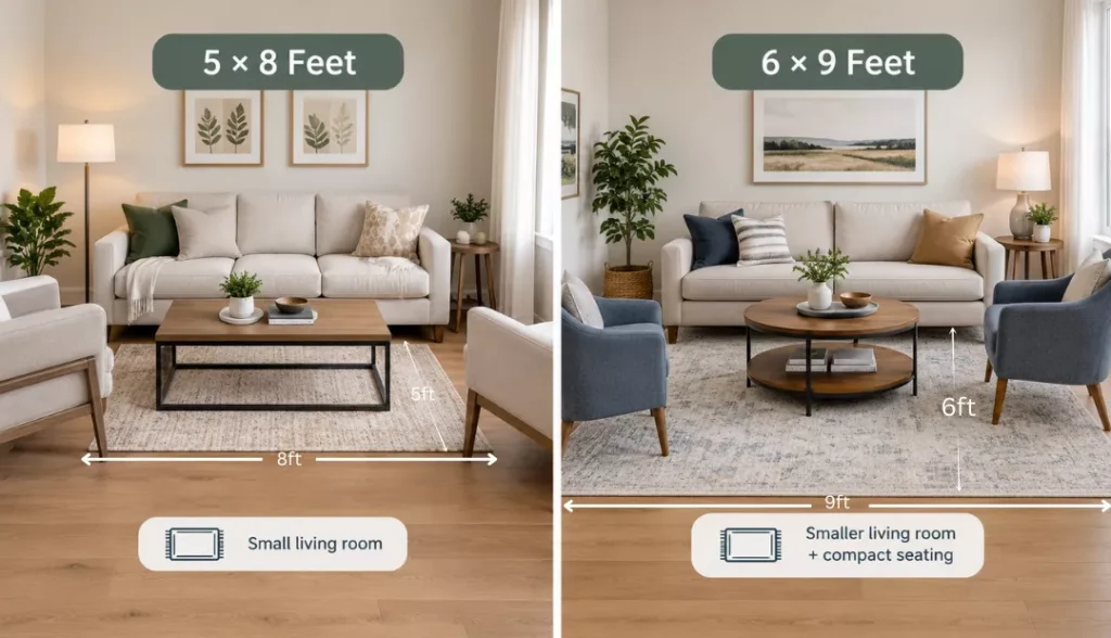Small Living Room
5 × 8 Feet and 6 × 9 Feet Rug Size
