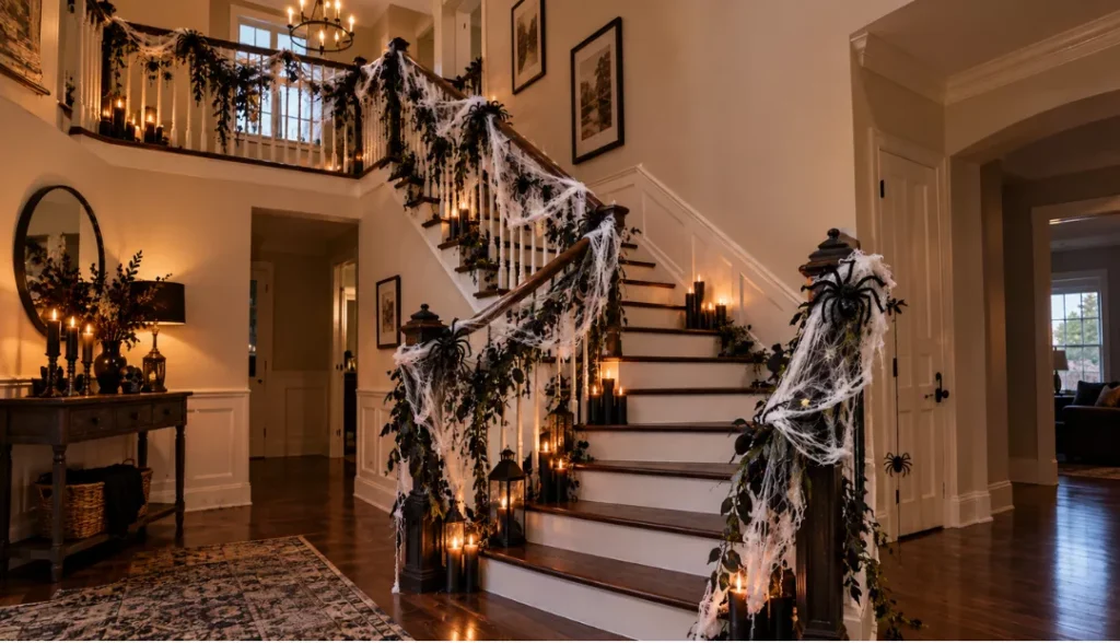 Staircase banister with spiderwebs