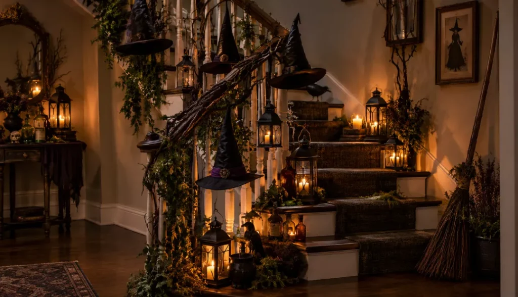 Witch-themed Halloween staircase decor